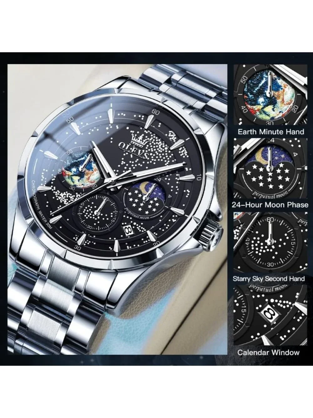Men's Silver Band Black Dial Luxury Analog Quartz Classic Casual Wrist Watch